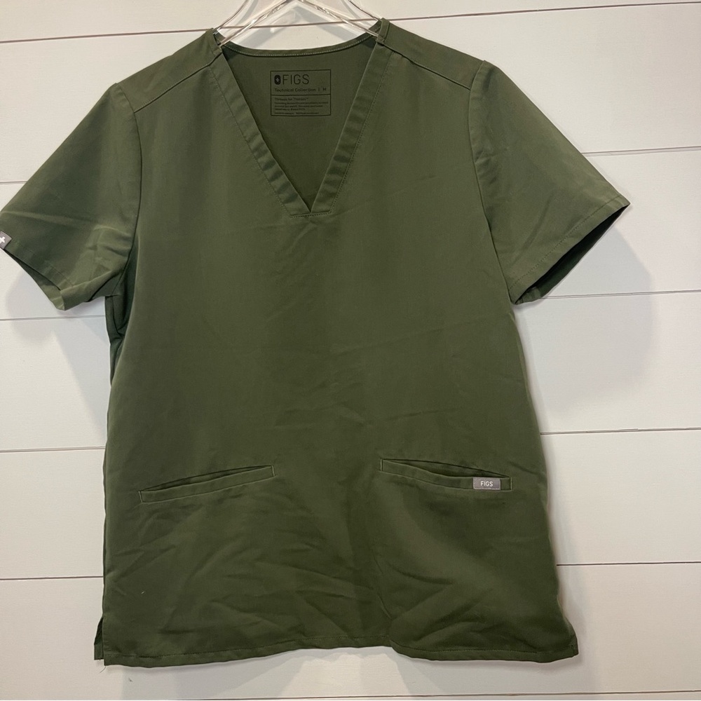 Figs Olive Green Scrub Top and Pants Set with Orange Drawstring - Picture 2 of 8